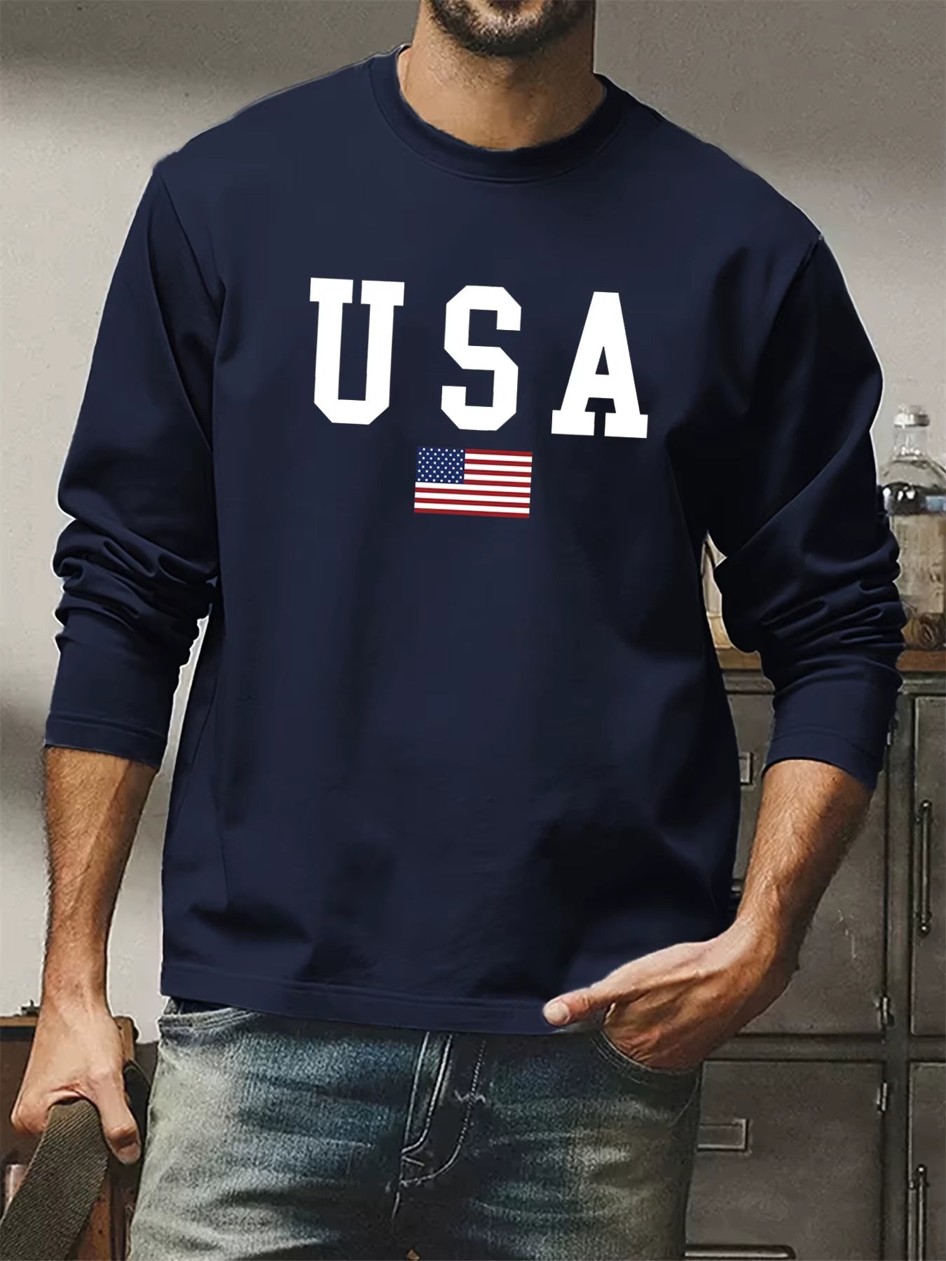 Men'S Spring and Autumn 100% Cotton Comfortable Casual American Flag Pattern Printed round Neck Long Sleeve T-Shirt Top