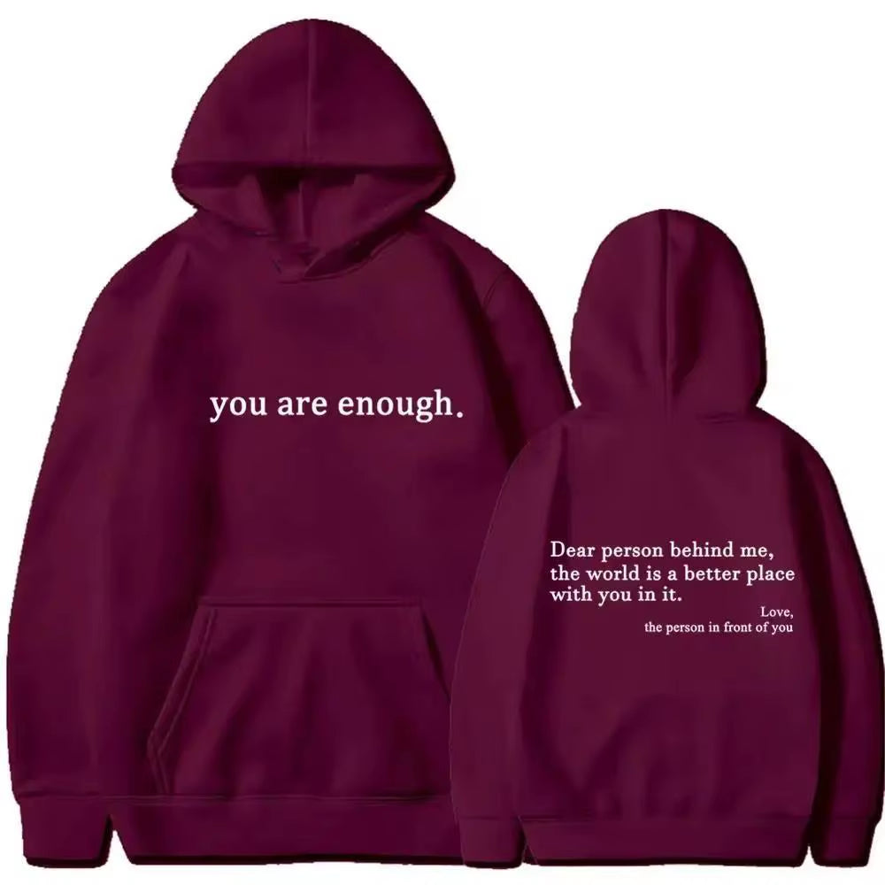 Autumn Winter Men Hooded Dear Person behind Me You Are Enough Print Fashion Sweatshirt Hip Hop Casual Unisex Clothing