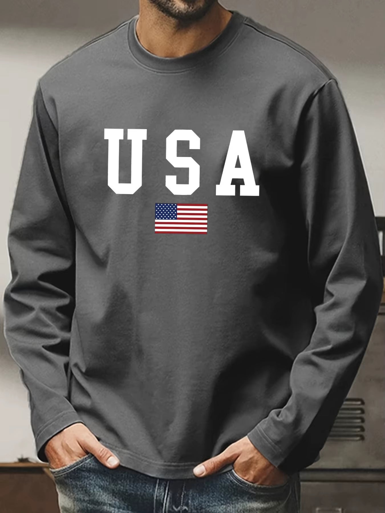 Men'S Spring and Autumn 100% Cotton Comfortable Casual American Flag Pattern Printed round Neck Long Sleeve T-Shirt Top