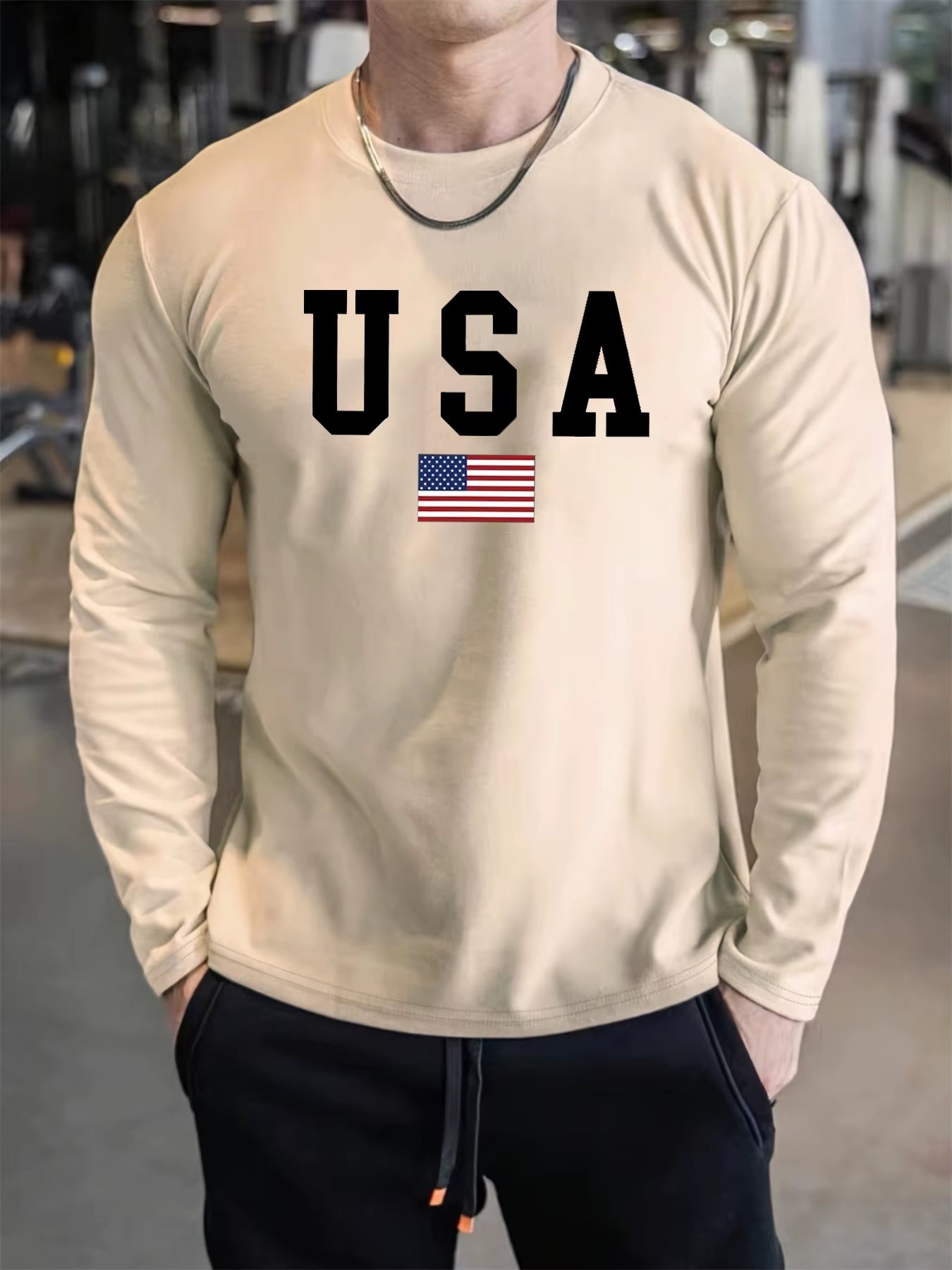 Men'S Spring and Autumn 100% Cotton Comfortable Casual American Flag Pattern Printed round Neck Long Sleeve T-Shirt Top