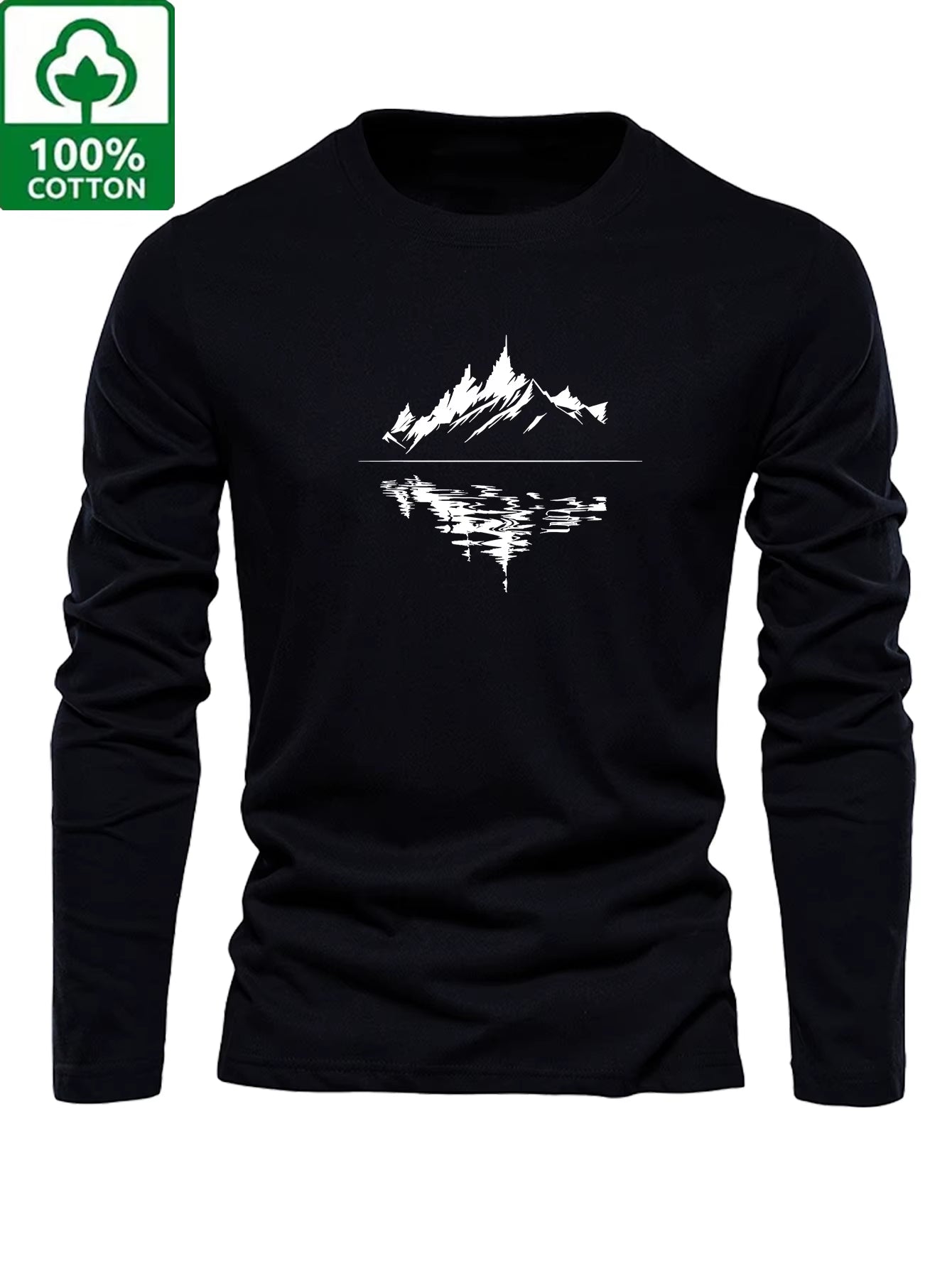 100% Pure Cotton Men'S Long Sleeved round Neck Loose Fashion Pattern Printed Spring and Autumn Casual Versatile T-Shirt Top