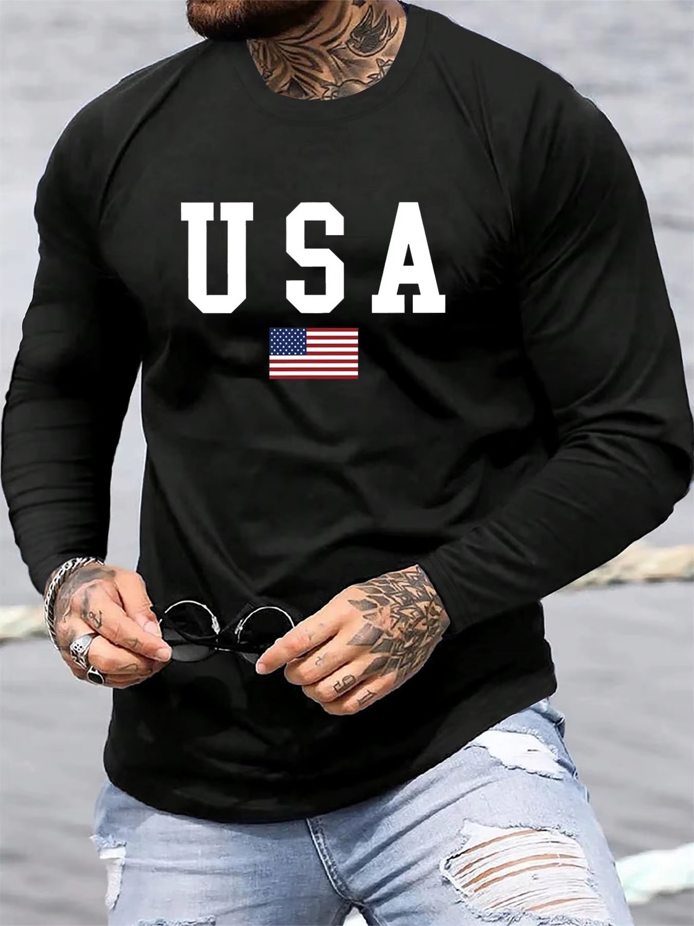 Men'S Spring and Autumn 100% Cotton Comfortable Casual American Flag Pattern Printed round Neck Long Sleeve T-Shirt Top