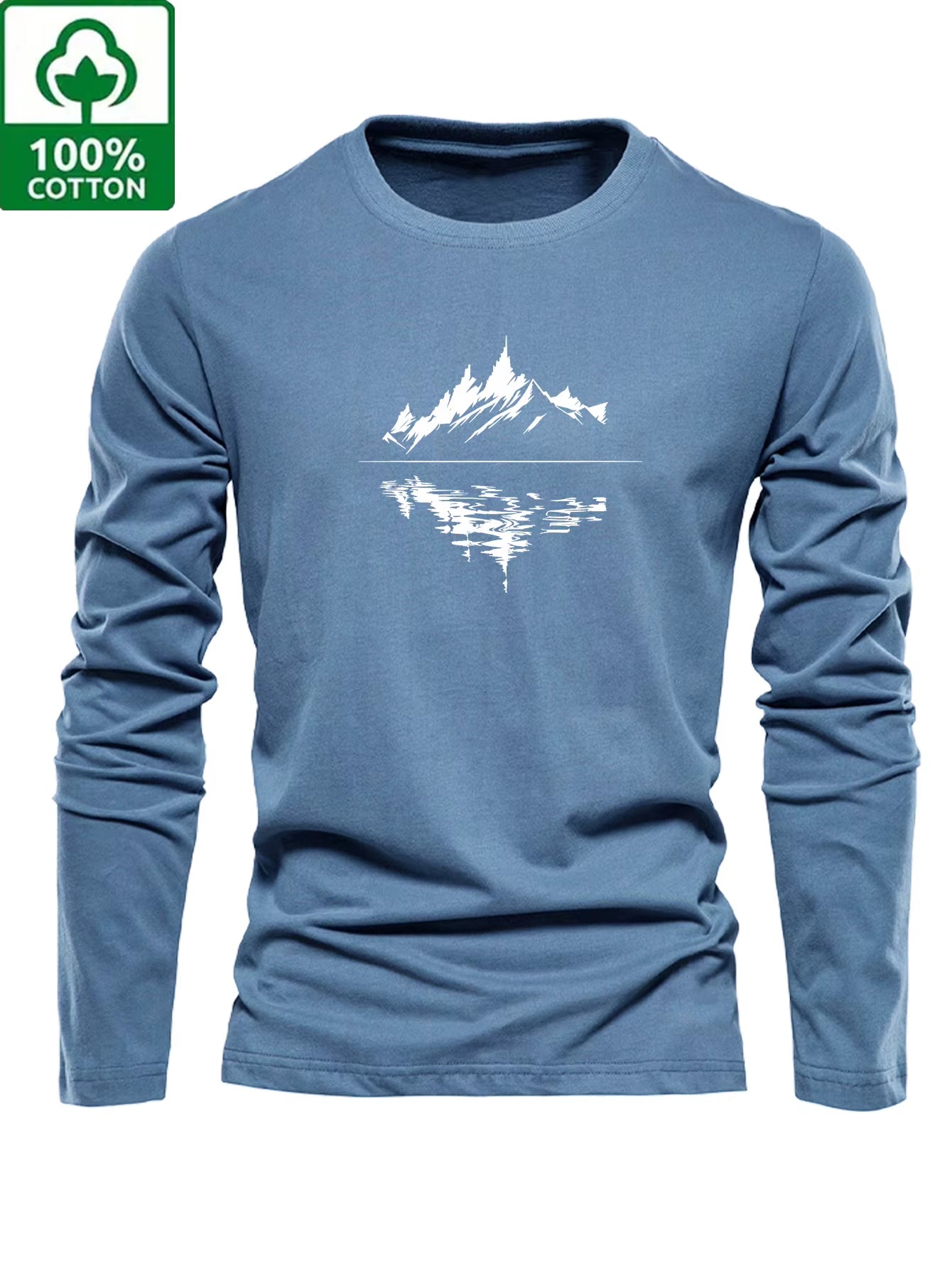 100% Pure Cotton Men'S Long Sleeved round Neck Loose Fashion Pattern Printed Spring and Autumn Casual Versatile T-Shirt Top