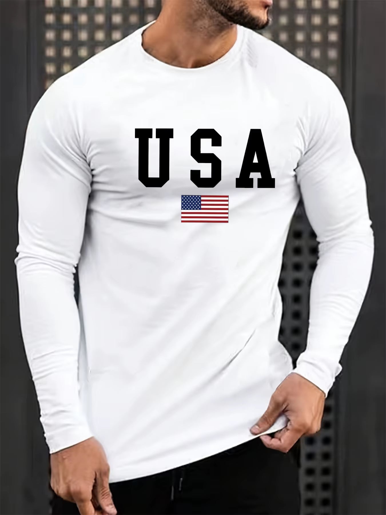Men'S Spring and Autumn 100% Cotton Comfortable Casual American Flag Pattern Printed round Neck Long Sleeve T-Shirt Top
